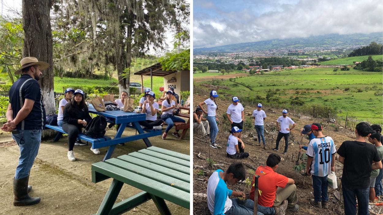 Momento de explicación de cómo plantar árboles en proyecto de plantación de DSV Costa Rica